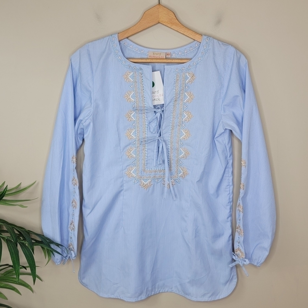 NWT Rungolee | Blue White Gingham Embroidered Top Size XS